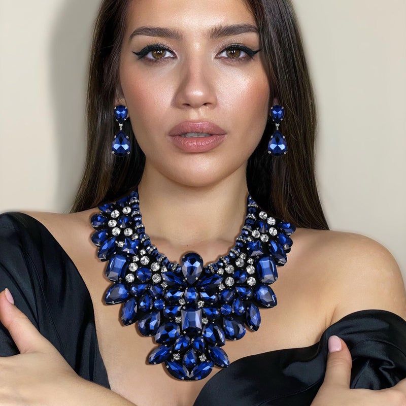 Flyonce Costume Jewelry for Women, Rhinestone Crystal Statement Necklace Earrings Set Dark Blue - Image 2